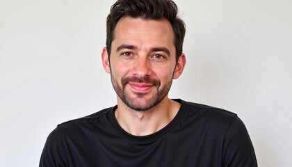 Smiling man in black shirt against plain white background.