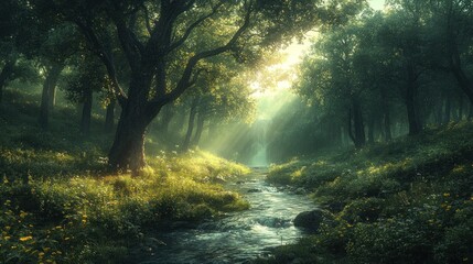 Obraz premium Enchanted Forest Stream: A Serene Morning in Nature's Embrace