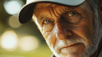 Close-up portrait of an older male golfer with distinct wrinkles and a contemplative gaze, wearing a cap and showcasing intense blue eyes.