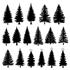 Set of Christmas pine tree silhouette isolated on white background. Forest tree vector illustration. Set of black christmas tree icons on white background.  Isolated vector xmas Icons and Illustration