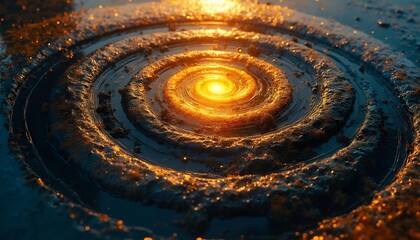 On the textured background, there are concentric circles and spirals in gold, black, and blue, as well as complex abstract patterns,