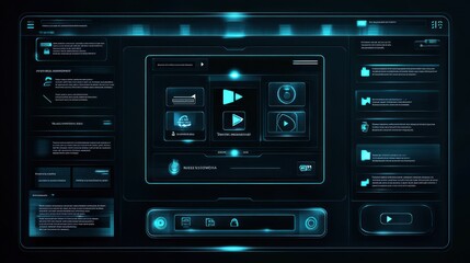 Fototapeta premium Futuristic user interface with media controls and information panels.