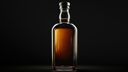 Elegant whiskey bottle showcasing deep amber liquid, beautifully illuminated against a sleek black background, highlighting its refined shape and smooth glass texture.