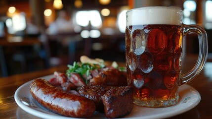 Artfully arranged beer in a frosty glass mug beside a plate of succulent grilled sausage and pork, garnished with fresh greens, set in a cozy dining environment.