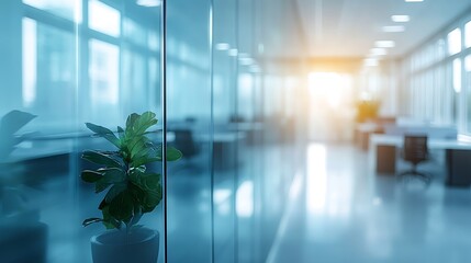 Modern office space with glass walls and natural light bright environment