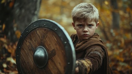 Young boy in medieval costume wielding a wooden sword and round shield, exploring a forest during autumn with fallen leaves surrounding him.