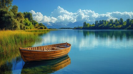 Obraz premium Serene Mountain Lake with Wooden Rowboat