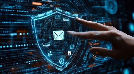 Futuristic cybersecurity concept: human hand touching holographic shield with email icon, surrounded by digital data streams and tech interface elements.