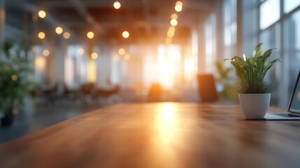 Morning light illuminates office space with green plant decor