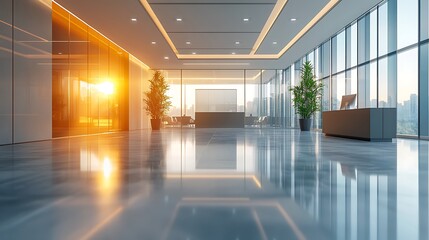 Obraz premium Dynamic office space with sunset view modern design urban setting