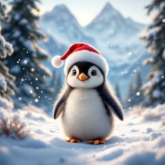 A cheerful penguin chick frolics in a snowy wonderland.