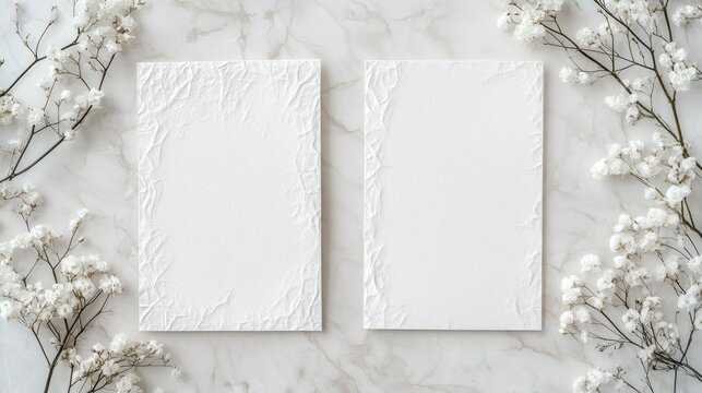 Two blank white invitation cards positioned side by side on a light marble surface, surrounded by delicate white flowers, providing an elegant backdrop for personalized text or designs.