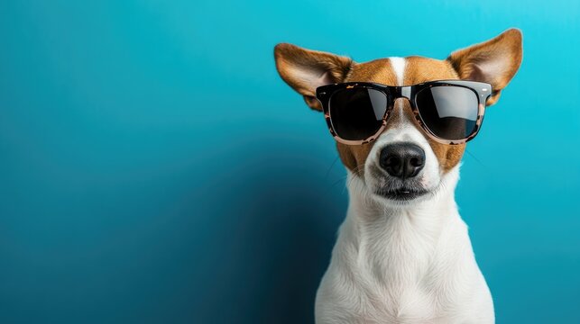 Close-up portrait of a stylish dog in trendy sunglasses against a vibrant blue background, exuding personality and summer vibes with ample copy space.