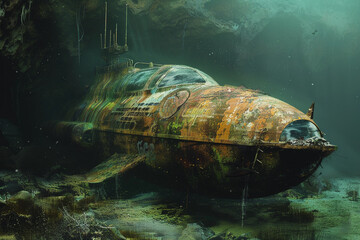 Fototapeta premium Beautiful large bathyscaphe floating in middle of ocean during exploration