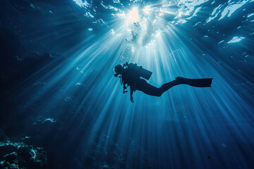 Beautiful diver goes on an underwater adventure in frighteningly deep sea