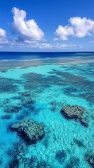 Obraz premium Aerial view of a pristine tropical coral reef with vibrant turquoise waters stretching to the horizon, dotted with patches of coral and framed by fluffy white clouds.