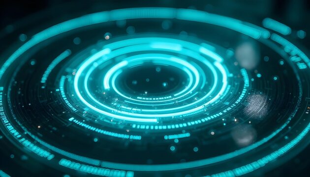 The glowing blue and cyan concentric circles and lines form futuristic, abstract sci-fi patterns,
