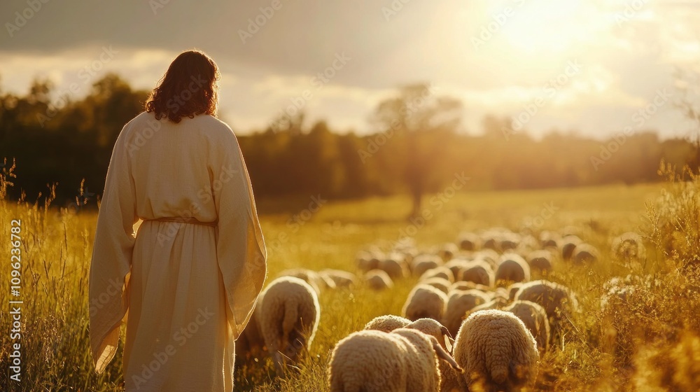 Poster a man dressed in a white robe is leading a flock of sheep in a field