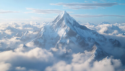 Obraz premium Majestic snow-capped mountain rising above fluffy clouds on a clear day in a serene landscape