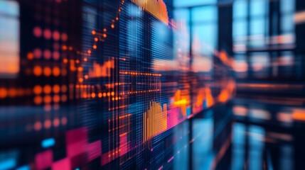 Vibrant digital stock market graph with glowing orange and blue lines reflecting economic trends and financial data in a futuristic cityscape backdrop.