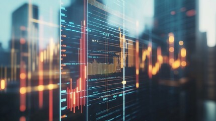 Digital finance concept: Stock market data and charts overlaid on blurred cityscape, illustrating global economic trends and technological advancement.