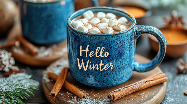 Watercolor illustration of a mugs with marshmallows and cinnamon sticks, text above reads 'Hello Winter'.