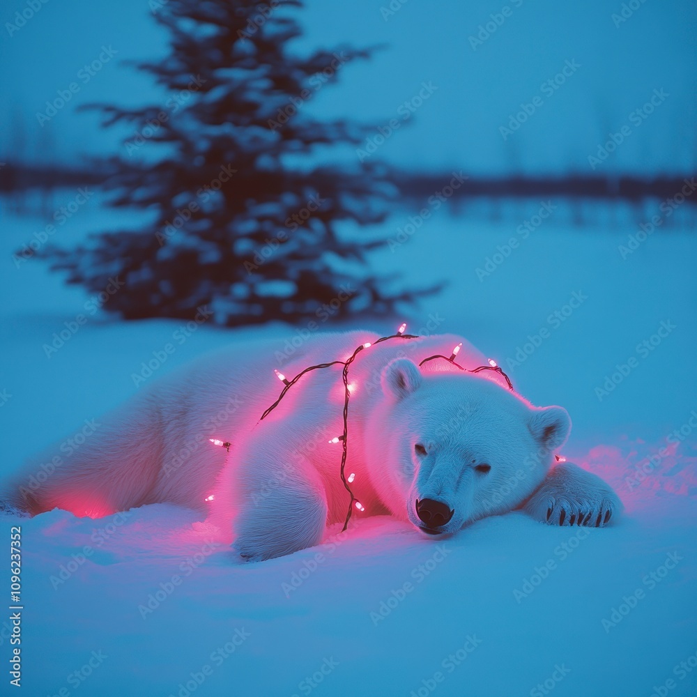 Wall mural Polar bear resting in snow with pink Christmas lights.