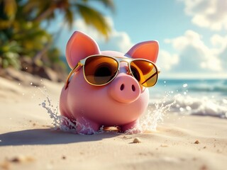 Beach savings in a piggy bank.  Rule of thirds for sunglasses.