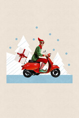 Vertical collage picture of funky crazy elf guy ride bike deliver festive giftbox snowfall isolated...
