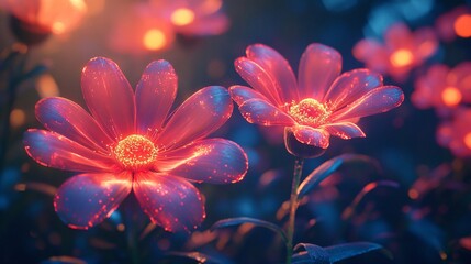 A vibrant display of glowing flowers illuminated in a dreamy, twilight setting, creating an enchanting atmosphere.