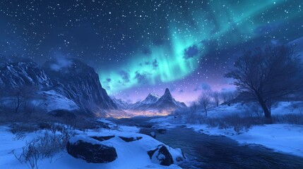 Fototapeta premium Aurora Borealis Reflection Over Forest Lake