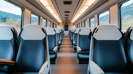 Naklejka premium A modern train interior featuring sleek, black seating and spacious aisles, illuminated by bright overhead lights, creating a clean and inviting atmosphere.