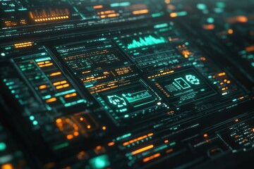 Fototapeta premium Futuristic digital interface with glowing teal and orange HUD elements displaying data streams, graphs, and charts.
