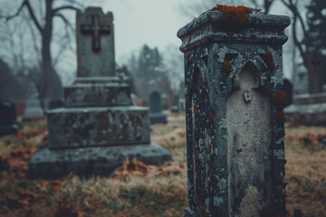 Fototapeta premium Fantastically mysterious cemetery with tombstones and terribly atmosphere