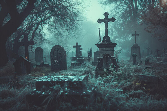 Fantastically mysterious cemetery with tombstones and terribly atmosphere