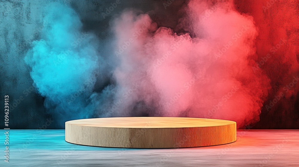 Poster Dynamic stage setup with colorful smoke effects in modern studio environment