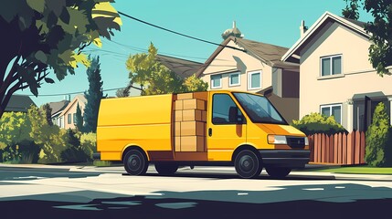 Obraz premium Bright Yellow Delivery Van Parked on a Sunny Suburban Street Surrounded by Modern Homes and Lush Greenery in a Peaceful Neighborhood Setting