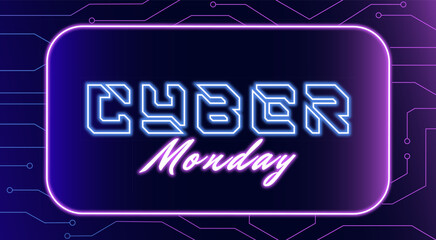 Cyber ​​Monday concept banner in trendy neon style, glowing sign, night discount promotion advertisement