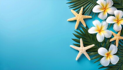 Starfish and plumeria flowers on light blue background. Space for text. Summer holiday background concept, summer background concept 