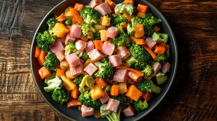 Aerial view of a vibrant summer salad featuring sautÃ©ed vegetables, broccoli, and diced ham displayed on a rustic wooden table.