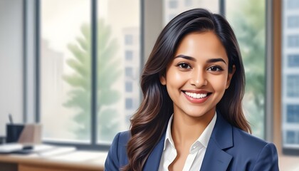 Fototapeta premium Watercolor painting South Asian female professional smiling candidly in a blurred office background.