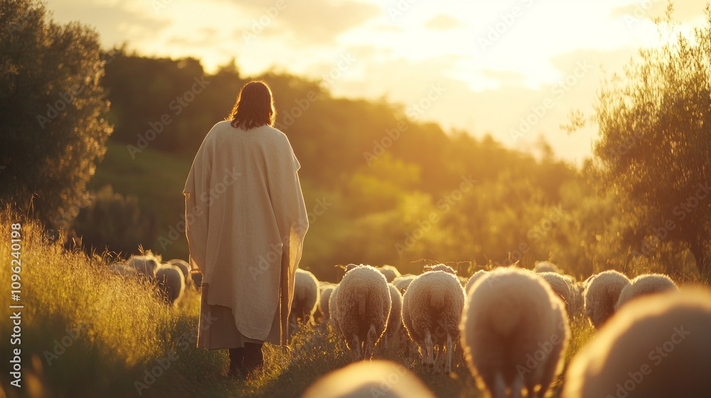 Aufkleber a man dressed in a white robe walks through a field of sheep