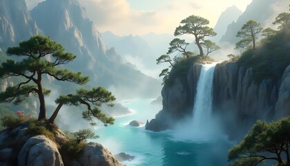 The Chinese landscape scene depicts a mountain view with waterfalls and trees