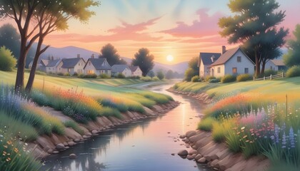 Obraz premium Serene village road at sunrise pastel sky, small stream, Hispanic children playing near wildflowers