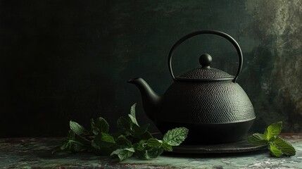 Elegant black iron teapot adorned with intricate patterns, resting on a dark backdrop, surrounded by vibrant fresh mint sprigs, perfect for tea brewing moments.