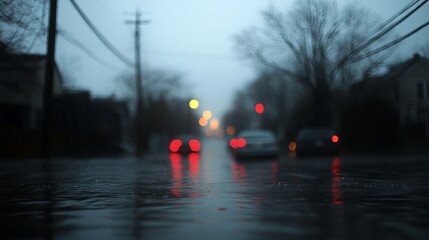 Rainy day on a city street with blurred cars and lights creating a moody atmosphere.