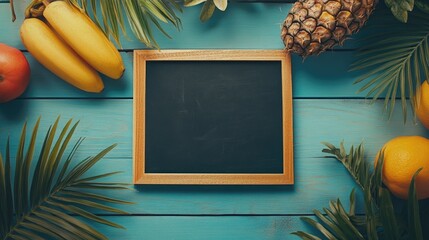 Tropical fruits and palm leaves arranged flat lay on a blue wooden background with a blank chalkboard for customizable text space.