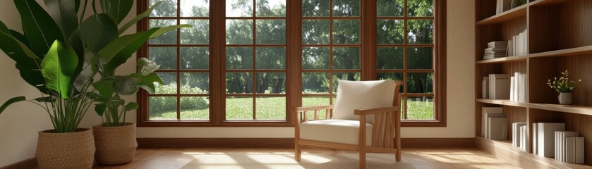A cozy interior featuring a stylish chair, large windows, and vibrant plants, creating a serene and inviting atmosphere.