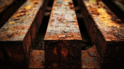 Close-up of heavily corroded metal bars with rust detailing, showcasing textured surfaces and signs of age and wear.