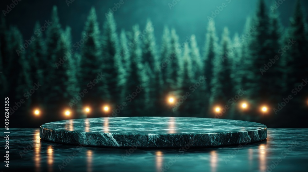 Poster serene marble platform surrounded by lush forest artistic scene calm atmosphere